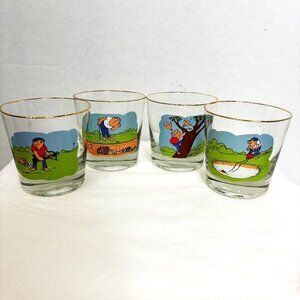 Ashby Comic Vtg 70’s Cartoon Golf Lowball Cocktail Glasses  -  Set of 4
